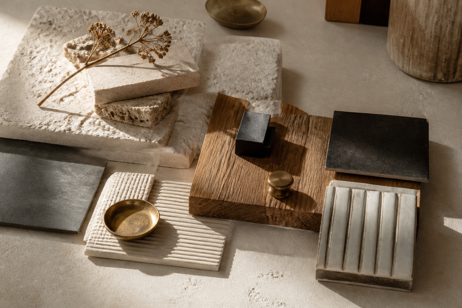 Concept image of limestone, oak, steel, handmade tile, and brass material samples