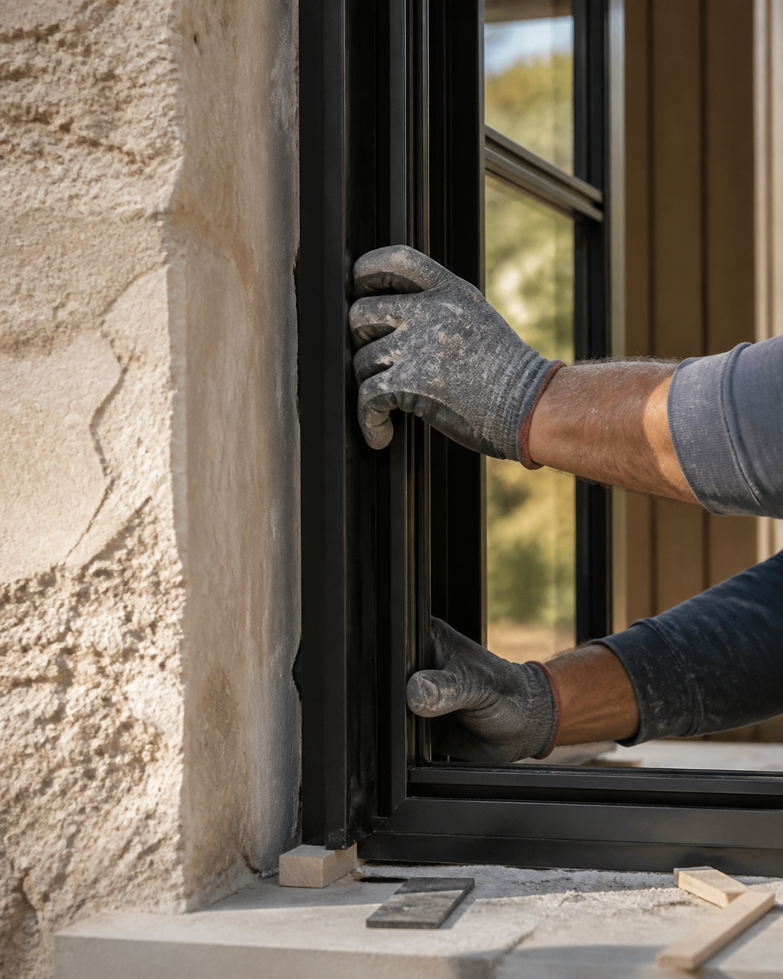 Concept image of a craftsperson installing a slim black steel window into limestone
